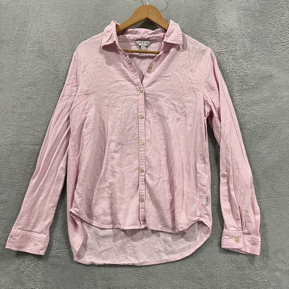 Orvis Women Linen Blend Button Up Shirt Pink Roll Tab Sleeve Medium Coastal